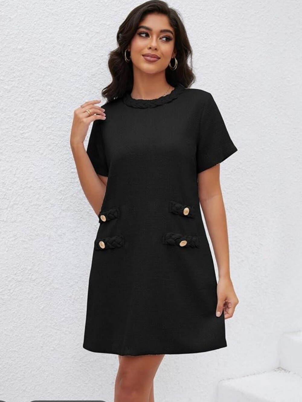 Entro Women's Mini Black Dress With Braided Neck And Gold Button Detail. Size M - Picture 1 of 9